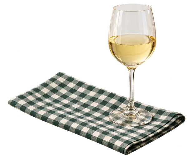 Taça de vinho branco com toalha de mesa xadrez verde artesanal